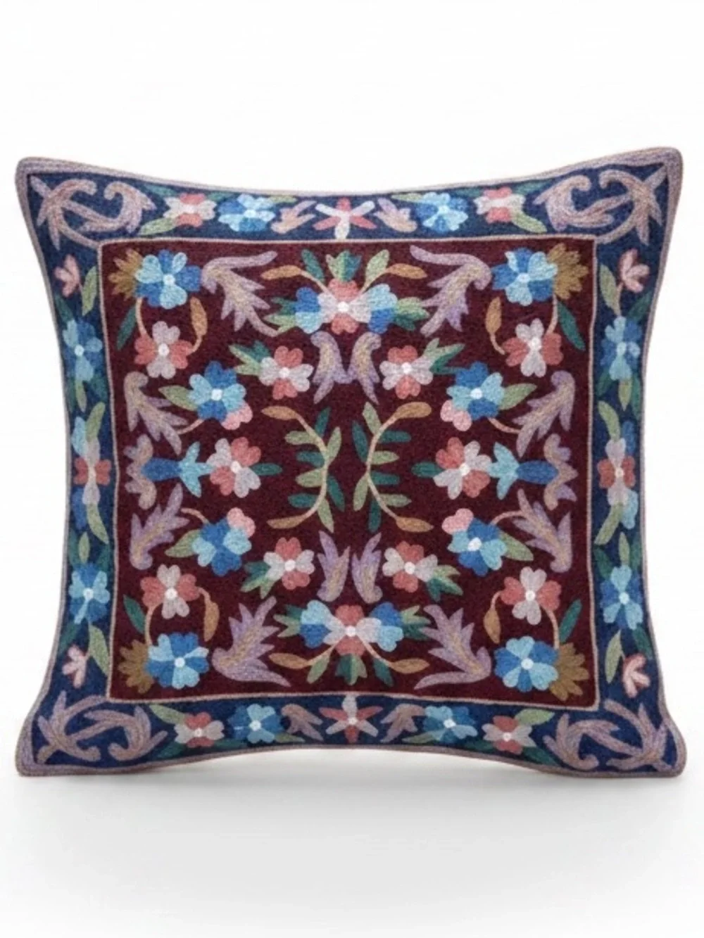 Kashmiri Wool Floral Crewel Embroidered Pillow Cover 16 X 16” NWOT